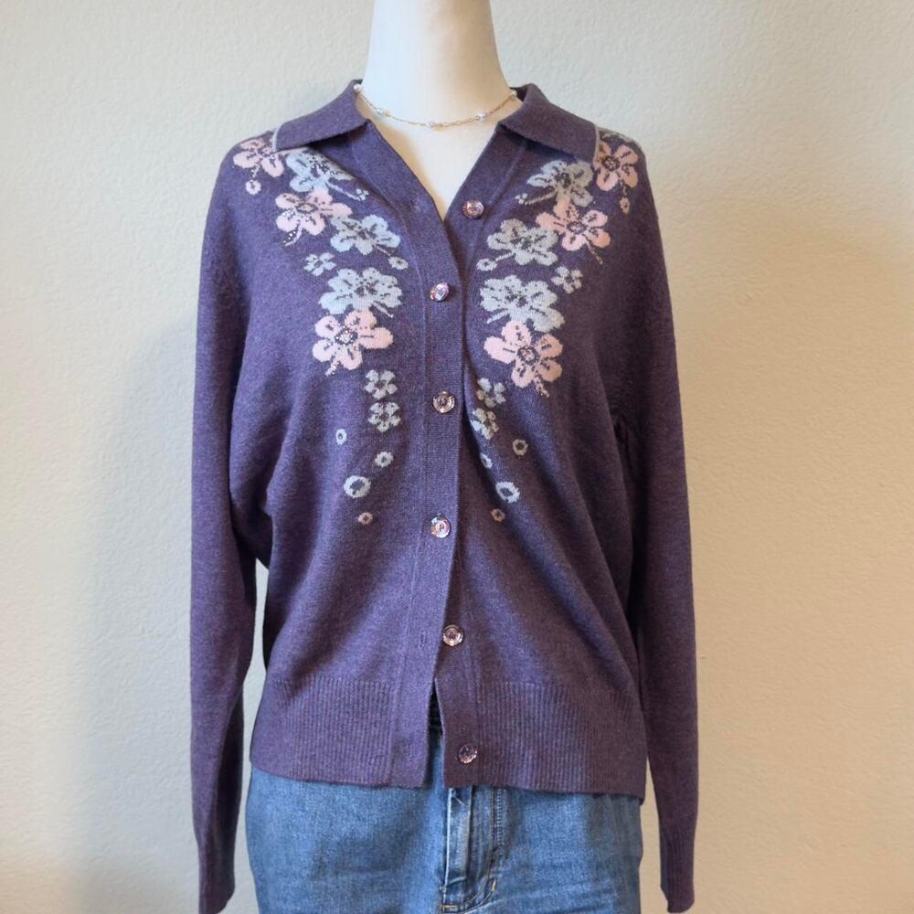 purple knit floral diamanté button up cardigan